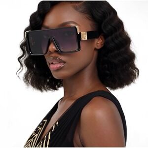 Women Sunglasses Black Gold Flat Top Gradient Lens Chic Festival Music Hip Hop